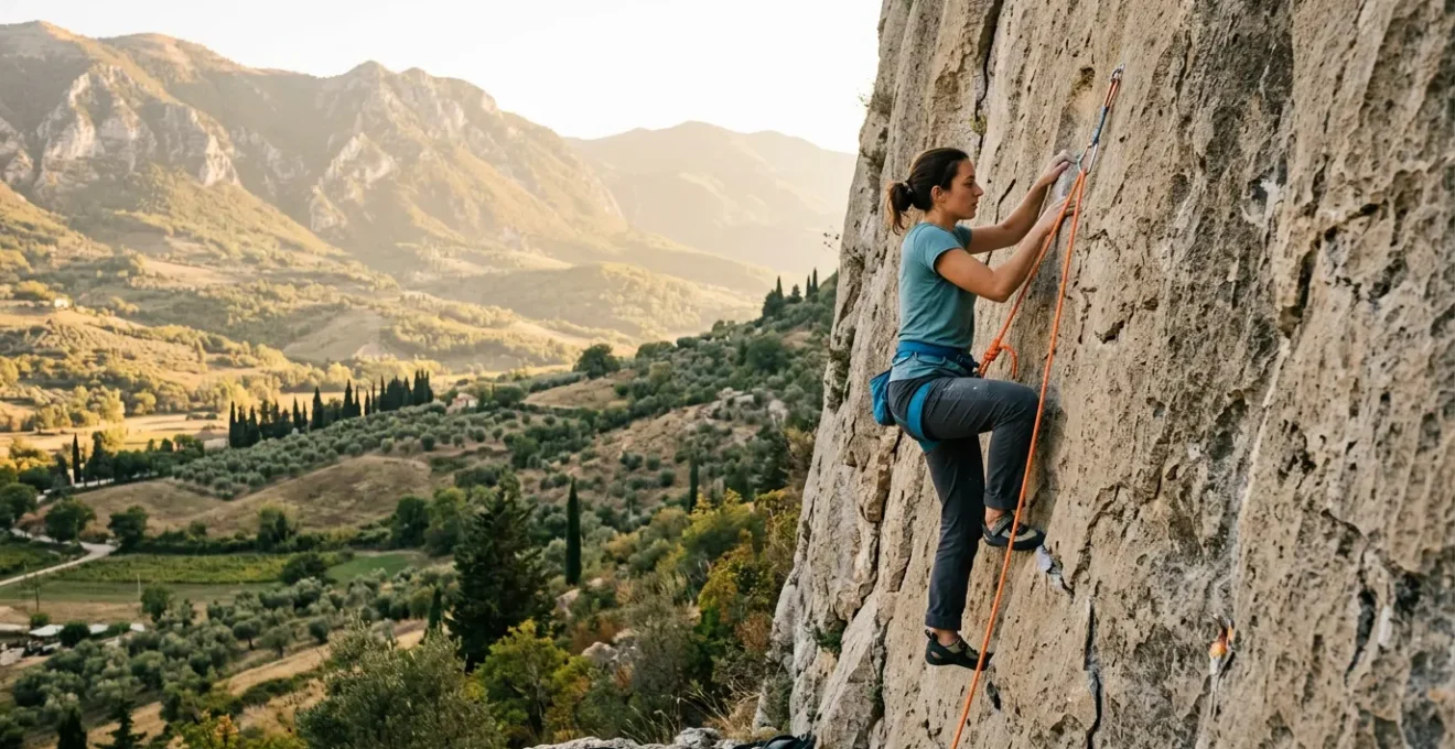 Arrampicatore principiante su falesia italiana con imbrago e corda di sicurezza su parete di calcare