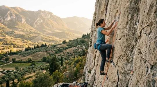 Arrampicatore principiante su falesia italiana con imbrago e corda di sicurezza su parete di calcare