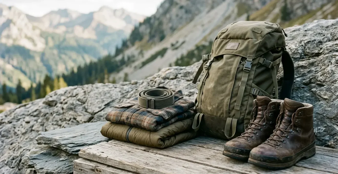 Composizione minimalista di attrezzatura da trekking di qualità su sfondo naturale