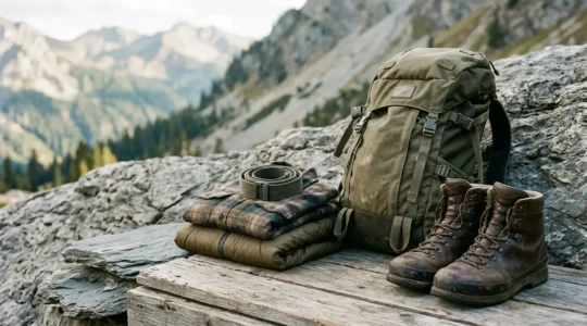 Composizione minimalista di attrezzatura da trekking di qualità su sfondo naturale