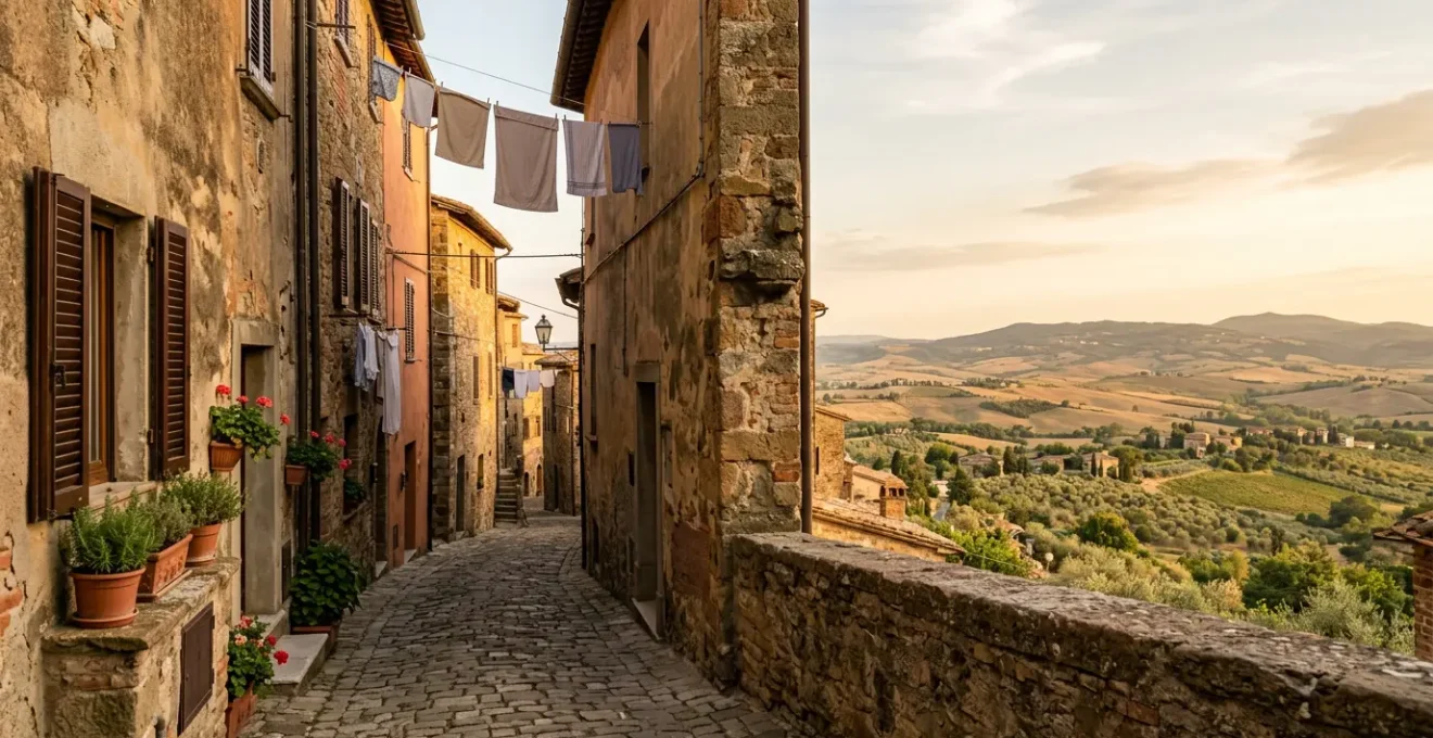 Vicolo in pietra di un borgo italiano autentico con architettura tradizionale e atmosfera intima
