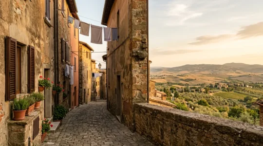 Vicolo in pietra di un borgo italiano autentico con architettura tradizionale e atmosfera intima