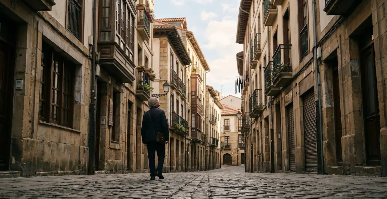 Una persona cammina lentamente in una strada urbana storica osservando i dettagli architettonici