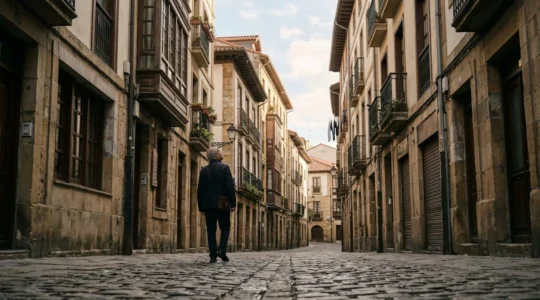 Una persona cammina lentamente in una strada urbana storica osservando i dettagli architettonici