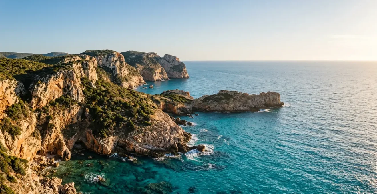 Vista aerea di una costa frastagliata italiana con acque cristalline e vegetazione mediterranea