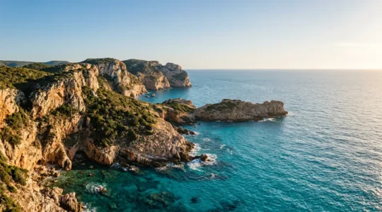 Vista aerea di una costa frastagliata italiana con acque cristalline e vegetazione mediterranea