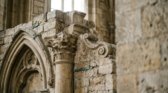 Dettaglio architettonico di un monumento storico italiano con stratificazioni visibili di epoche diverse