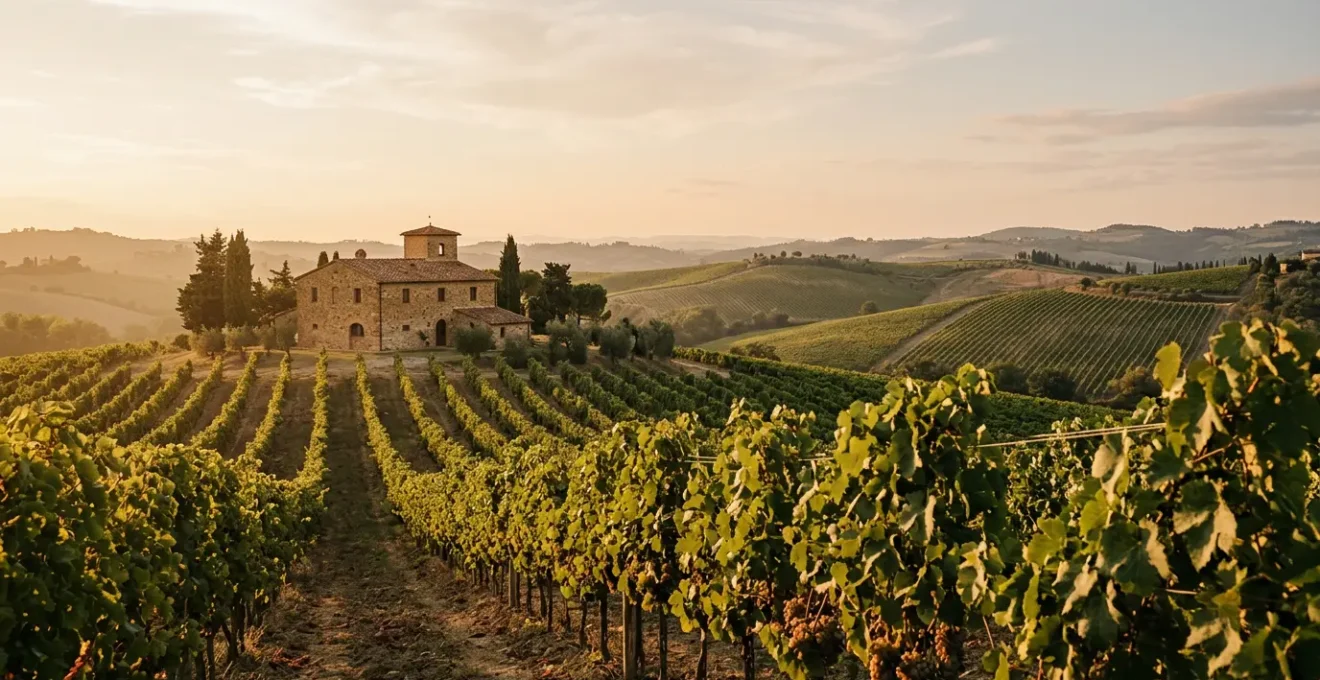 Degustazione di vino rosso in cantina tradizionale italiana con vigneti al tramonto