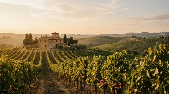 Degustazione di vino rosso in cantina tradizionale italiana con vigneti al tramonto