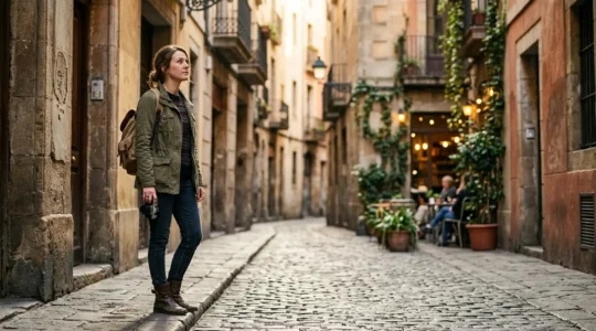 Viaggiatore che esplora un vicolo autentico e poco turistico in una capitale europea