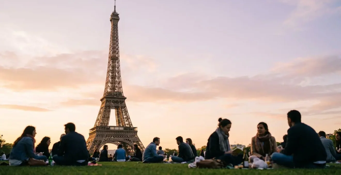 Prospettiva dal basso verso l'alto della Torre Eiffel con cielo parigino al tramonto e passanti locali in primo piano sfocato