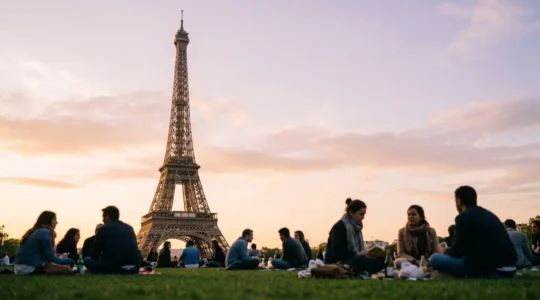 Prospettiva dal basso verso l'alto della Torre Eiffel con cielo parigino al tramonto e passanti locali in primo piano sfocato