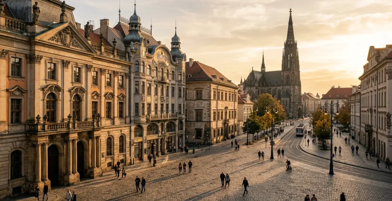Veduta panoramica di una piazza europea storica che mostra la stratificazione architettonica di diverse epoche