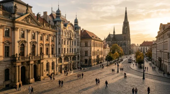 Veduta panoramica di una piazza europea storica che mostra la stratificazione architettonica di diverse epoche