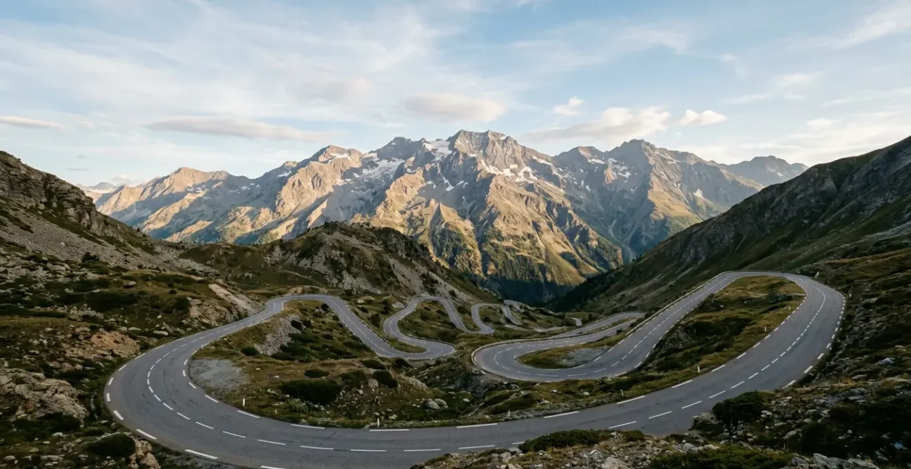 Vista panoramica di un passo alpino con tornanti stretti e pendenze ripide durante una giornata serena
