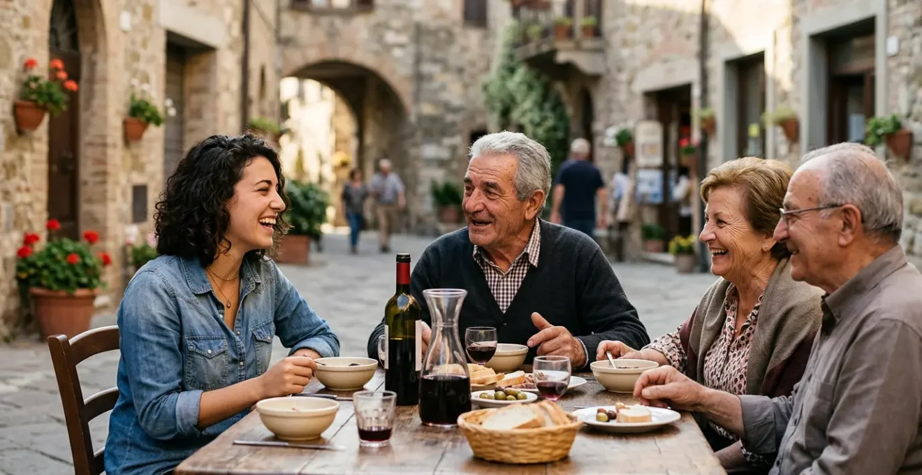 Viaggiatore che condivide un momento autentico con residenti locali in un borgo italiano