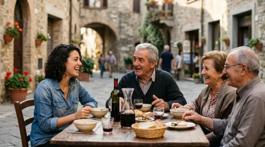 Viaggiatore che condivide un momento autentico con residenti locali in un borgo italiano