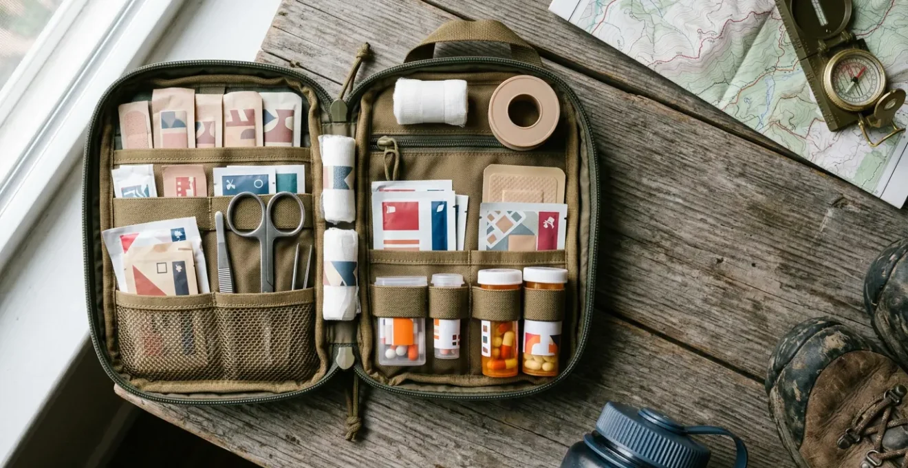 Kit di primo soccorso da viaggio professionale organizzato con contenuto essenziale per emergenze