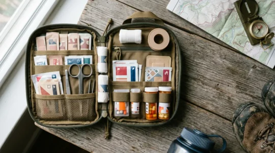 Kit di primo soccorso da viaggio professionale organizzato con contenuto essenziale per emergenze