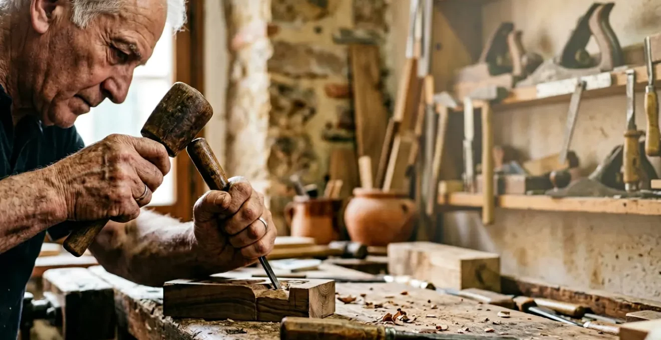 Maestro artigiano al lavoro nella sua bottega tradizionale italiana