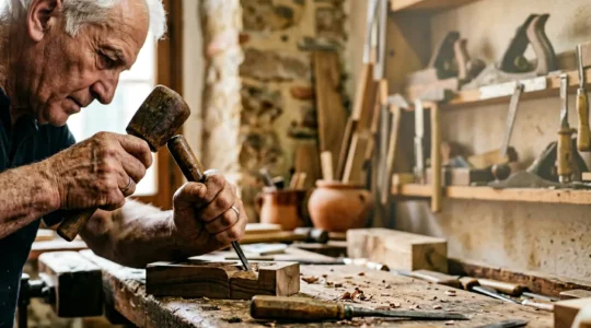 Maestro artigiano al lavoro nella sua bottega tradizionale italiana