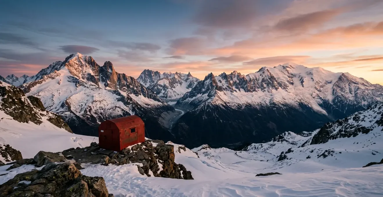 Bivacco alpino illuminato al tramonto in alta montagna con paesaggio innevato delle Alpi