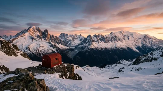 Bivacco alpino illuminato al tramonto in alta montagna con paesaggio innevato delle Alpi