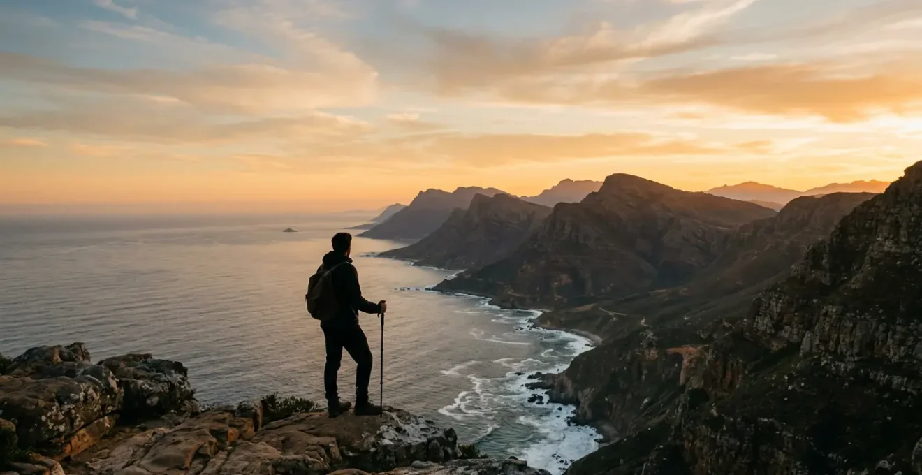 Viaggiatore che osserva contemplando un vasto paesaggio naturale durante un viaggio immersivo