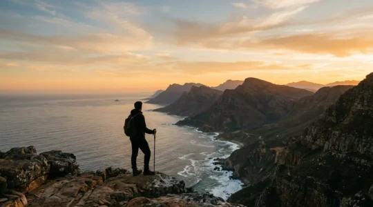 Viaggiatore che osserva contemplando un vasto paesaggio naturale durante un viaggio immersivo