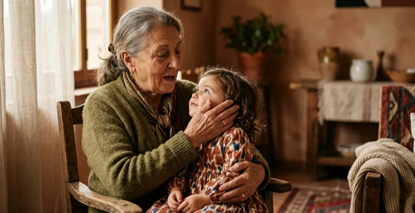 Anziana nonna italiana che tramanda una ninna nanna tradizionale alla nipote in un ambiente domestico intimo