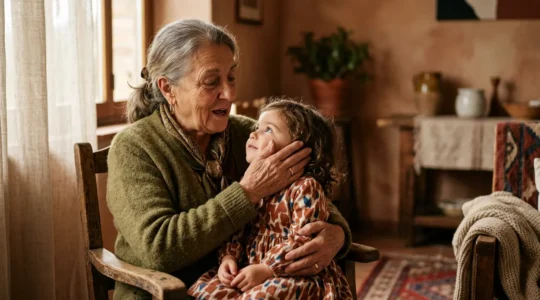 Anziana nonna italiana che tramanda una ninna nanna tradizionale alla nipote in un ambiente domestico intimo