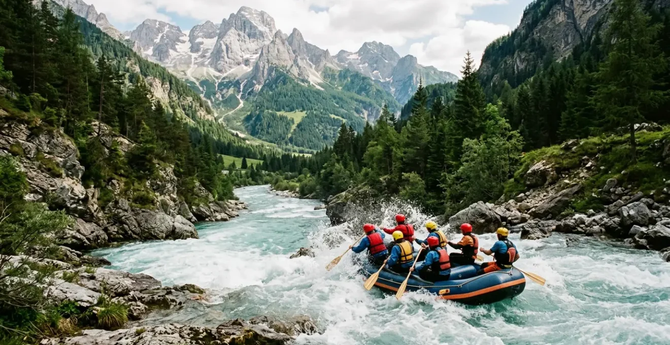 Gommone rafting che attraversa rapide spumeggianti di un fiume alpino italiano circondato da montagne e natura selvaggia