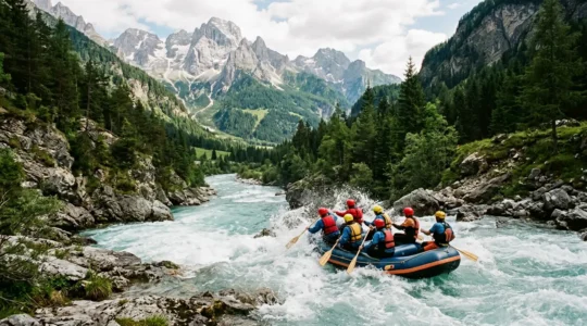 Gommone rafting che attraversa rapide spumeggianti di un fiume alpino italiano circondato da montagne e natura selvaggia
