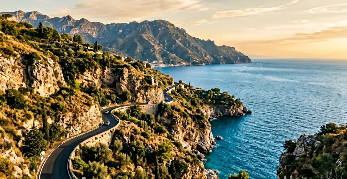 Vista panoramica di una strada costiera italiana che si snoda tra montagne e mare