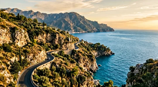 Vista panoramica di una strada costiera italiana che si snoda tra montagne e mare