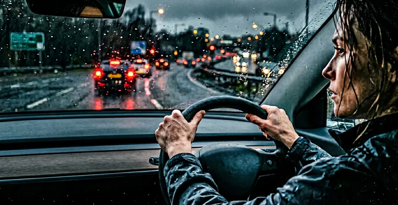 Mani esperte sul volante durante guida difensiva su strada bagnata con visibilità attraverso parabrezza