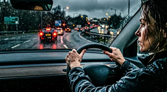 Mani esperte sul volante durante guida difensiva su strada bagnata con visibilità attraverso parabrezza