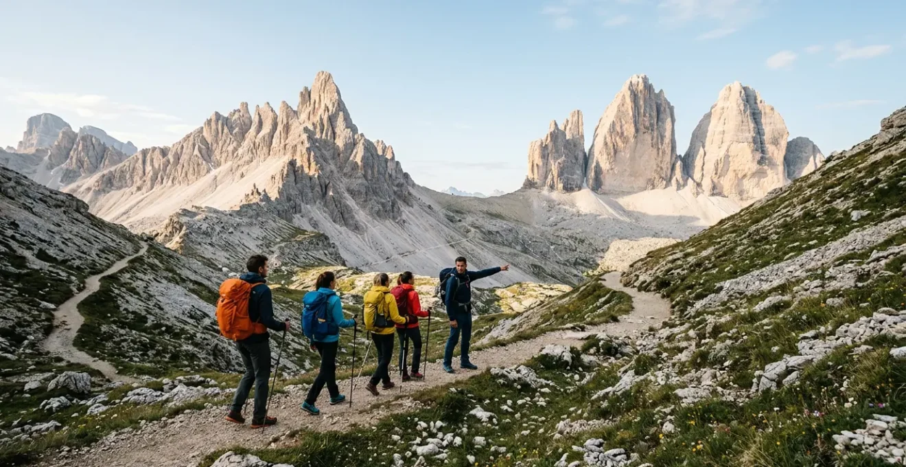 Gruppo di escursionisti con guida professionista su sentiero dolomitico panoramico durante trekking di più giorni