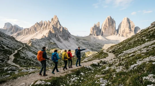 Gruppo di escursionisti con guida professionista su sentiero dolomitico panoramico durante trekking di più giorni