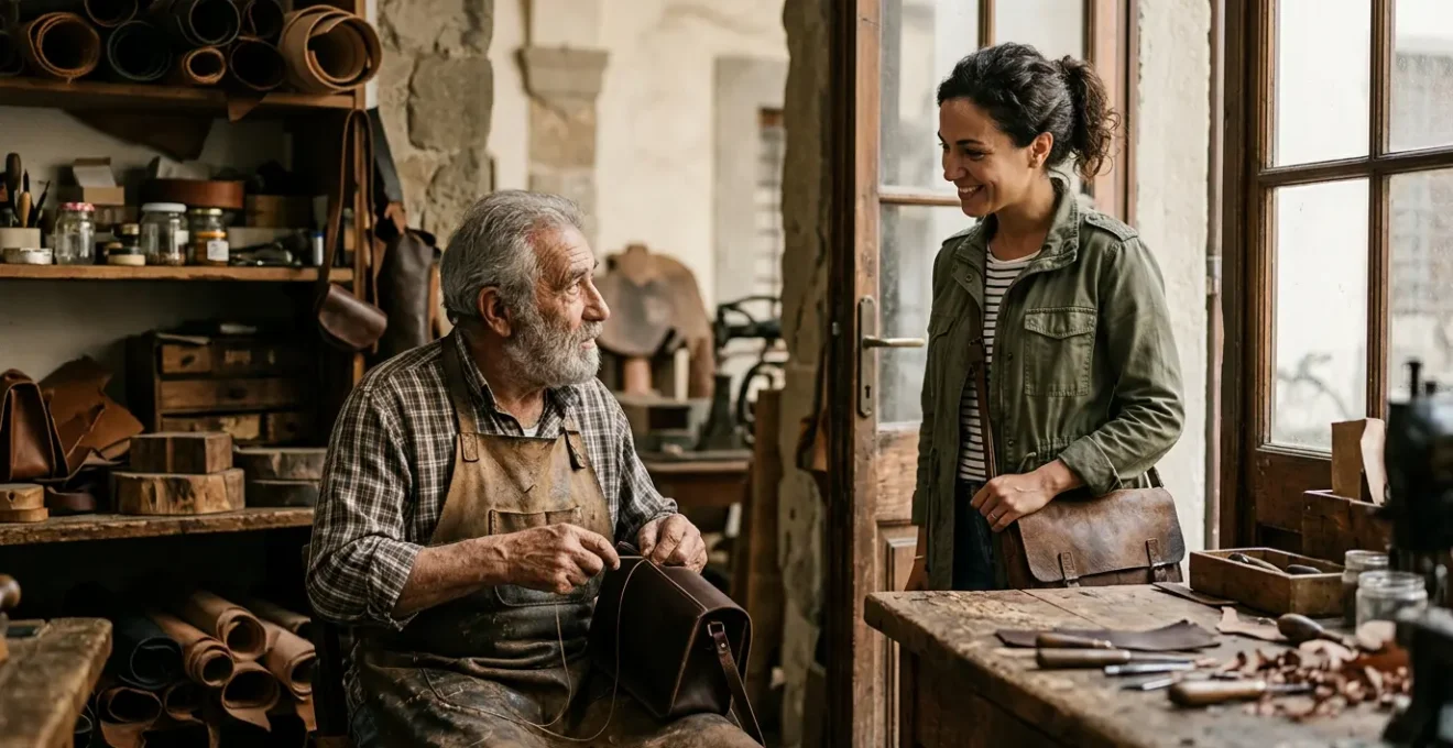 Viaggiatore curioso che osserva con rispetto un maestro artigiano al lavoro in una bottega tradizionale italiana
