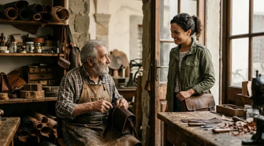Viaggiatore curioso che osserva con rispetto un maestro artigiano al lavoro in una bottega tradizionale italiana