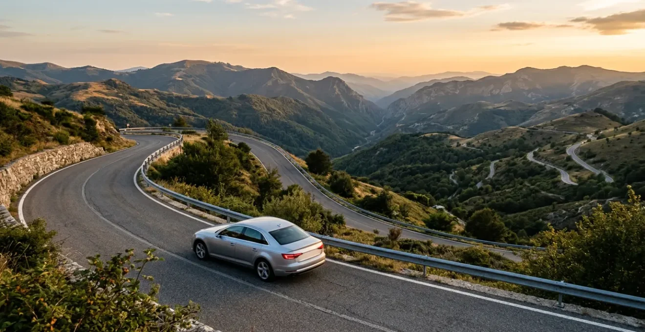 Vista panoramica di un'auto moderna su una strada panoramica italiana con paesaggio montano