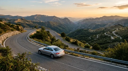 Vista panoramica di un'auto moderna su una strada panoramica italiana con paesaggio montano
