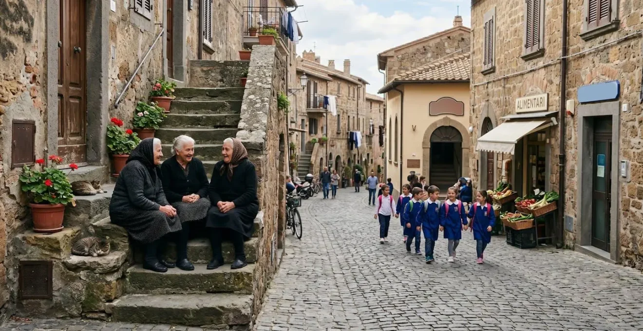 Scena di vita quotidiana autentica in un piccolo borgo italiano con residenti locali