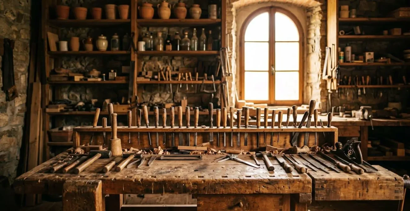 Interno di una bottega artigiana italiana autentica con strumenti di lavoro tradizionali
