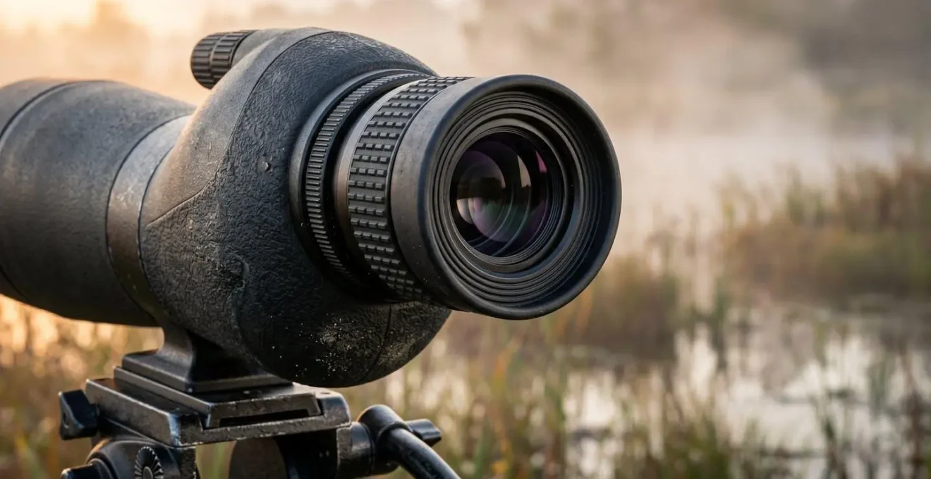 Cannocchiale da birdwatching puntato verso l'orizzonte nebbioso all'alba in una zona umida
