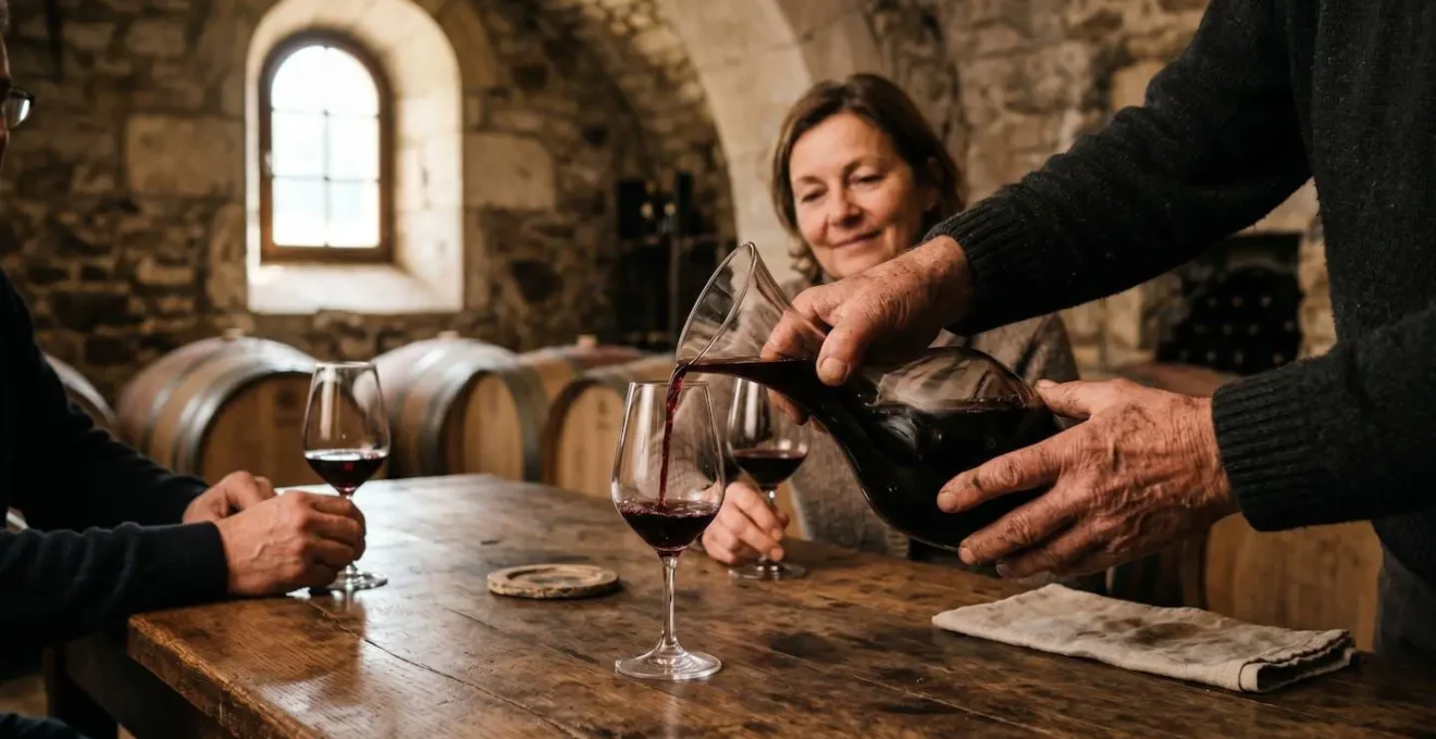 Degustazione di vino in piccola cantina artigianale toscana con produttore