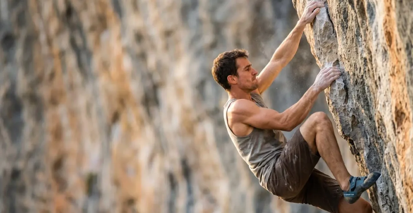 Arrampicatore in concentrazione durante passaggio tecnico su falesia calcarea italiana