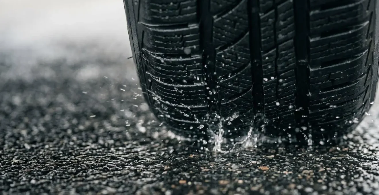 Dettaglio macro di pneumatico su superficie bagnata con visibile film d'acqua