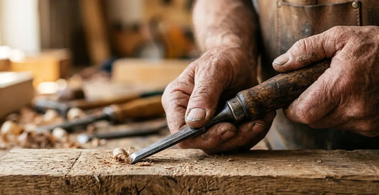 Primo piano delle mani di un artigiano che lavora con strumenti tradizionali